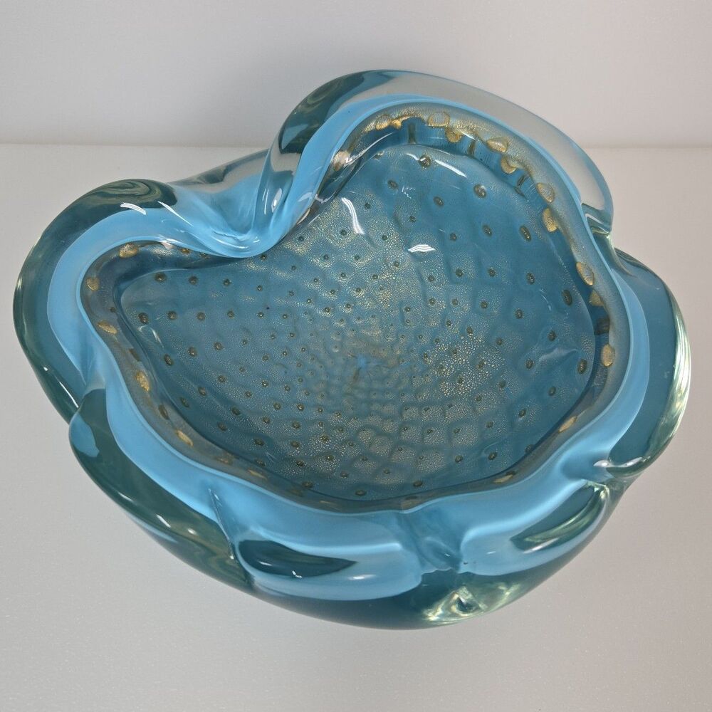 VTG MCM Barbini Murano Art Glass Ashtray Bowl Aqua Blue Gold Flecks Freeform